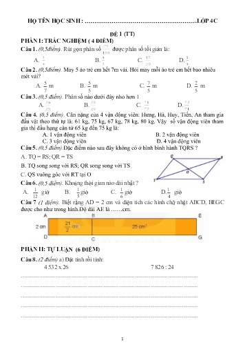7 Đề ôn học kì 2 môn Toán Lớp 4