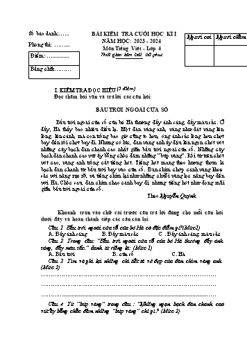 Bài kiểm tra cuối học kì I môn Tiếng Việt Lớp 4 - Năm học 2023-2024 (Có đáp án)