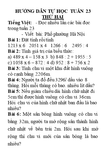 Bài tập ôn tập môn Toán + Tiếng Việt Lớp 3 - Tuần 23 Bài tập ôn tập môn Toán + Tiếng Việt Lớp 3 - Tuần 23