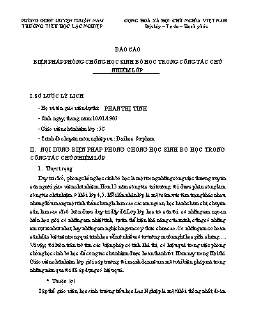 Báo cáo Biện pháp phòng chống học sinh bỏ học trong công tác chủ nhiệm Lớp