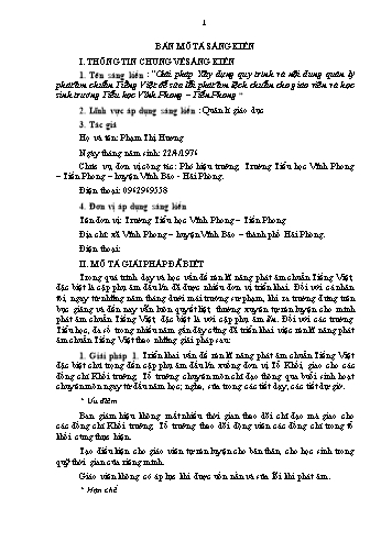 Báo cáo Giải pháp Xây dựng quy trình và nội dung quản lý phát âm chuẩn Tiếng Việt để sửa đổi phát âm lệch chuẩn cho giáo viên và học sinh trường Tiểu học Vĩnh Phong - Tiền Phong