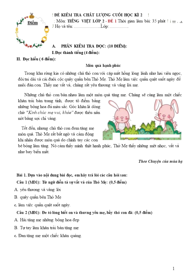 Bộ đề kiểm tra chất lượng cuối học kì 2 môn Tiếng Việt