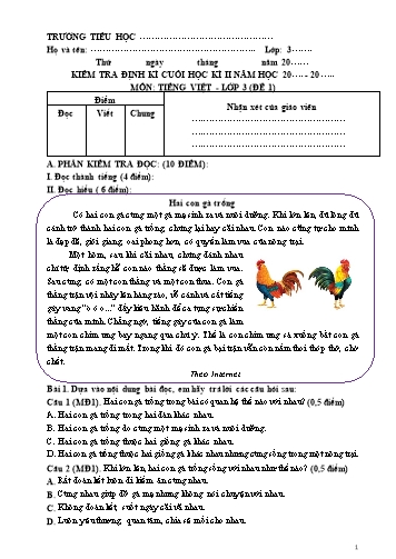 Bộ đề kiểm tra định kì cuối học kì 2 môn Tiếng Việt 3