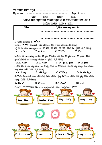 Bộ đề kiểm tra định kì cuối học kì II môn Toán 3 - Năm học 2022-2023