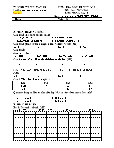 Bộ đề kiểm tra định kì cuối học kì môn Toán Lớp 3 - Năm học 2022-2023 - Trường Tiểu học Chu Văn An