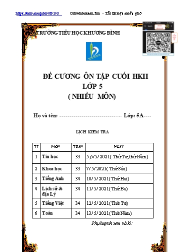 Đề cương ôn tập cuối học kì II các môn Lớp 5 - Trường Tiểu học Khương Đình