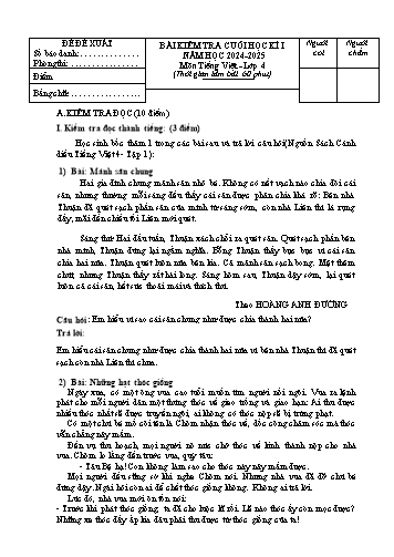 Đề đề xuất kiểm tra cuối học kì I môn Tiếng Việt Lớp 4 - Năm học 2024-2025 (Có đáp án)