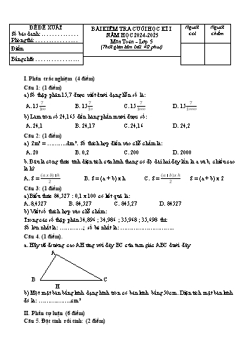 Đề đề xuất kiểm tra cuối học kì I môn Toán Lớp 5 - Năm học 2024-2025 (Có đáp án)