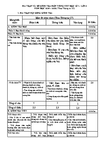 Đề đề xuất kiểm tra học kì I môn Tiếng Việt Lớp 4 - Năm học 2024-2025 - Phòng Giáo dục và Đào tạo (Có đáp án + Ma trận)
