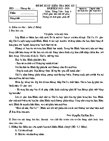 Đề đề xuất kiểm tra học kỳ I môn Tiếng Việt + Toán Lớp 4 - Năm học 2023-2024 (Có đáp án)
