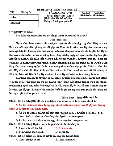 Đề đề xuất kiểm tra học kỳ I môn Tiếng Việt + Toán Lớp 5 - Năm học 2023-2024 (Có đáp án)