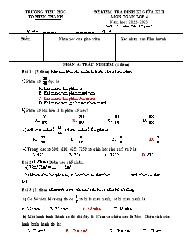 Đề khảo định kì giữa học kỳ II môn Toán Lớp 4 - Trường Tiểu học Tô Hiến Thành(Có đáp án)