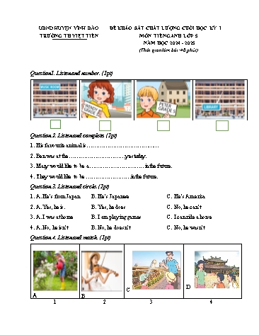 Đề khảo sát chất lượng cuối học kì I môn Tiếng Anh Lớp 5 - Năm học 2024-2025 - Trường Tiểu học Việt Tiến (Có đáp án + File nghe)