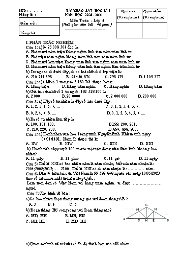 Đề khảo sát chất lượng cuối học kì I môn Toán 4 - Năm học 2023-2024 (Có đáp án)