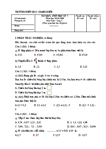 Đề khảo sát chất lượng cuối học kì I môn Toán Lớp 5 - Năm học 2024-2025 - Trường Tiểu học Giang Biên (Có đáp án)
