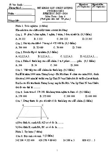 Đề khảo sát chất lượng cuối học kì I môn Toán và môn Tiếng Việt Lớp 4 - Năm học 2023-2024 (Có đáp án)
