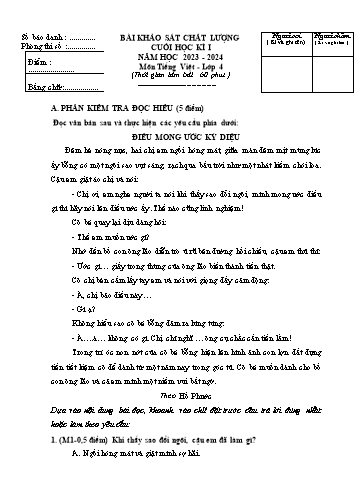 Đề khảo sát chất lượng cuối học kì I  Tiếng Việt 4 - Năm học 2023-2024 (Có đáp án)