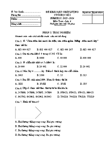 Đề khảo sát chất lượng cuối học kì I Toán 4 - Năm học 2023-2024 (Có đáp án)