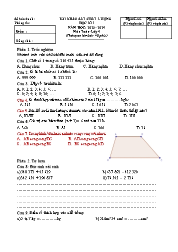 Đề khảo sát chất lượng cuối học kỳ I môn Toán 4 - Năm học 2023-2024 (Có đáp án)