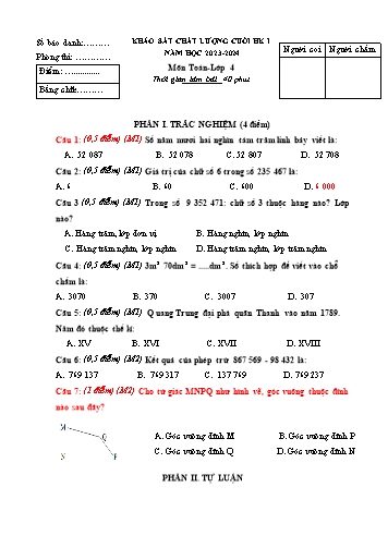 Đề khảo sát chất lượng cuối học kỳ I môn Toán Lớp 4 - Năm học 2023-2024 (Có đáp án)