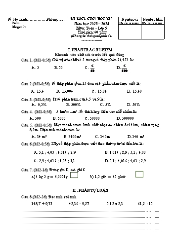 Đề khảo sát chất lượng cuối học kỳ I môn Toán Lớp 5 - Năm học 2023-2024 (Có đáp án)