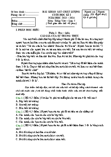 Đề khảo sát chất lượng cuối học kỳ I Tiếng Việt Lớp 5 - Năm học 2023-2024 (Có đáp án)