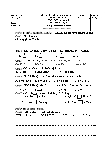 Đề khảo sát chất lượng cuối học kỳ I Toán 5 - Năm học 2023-2024 (Có đáp án)