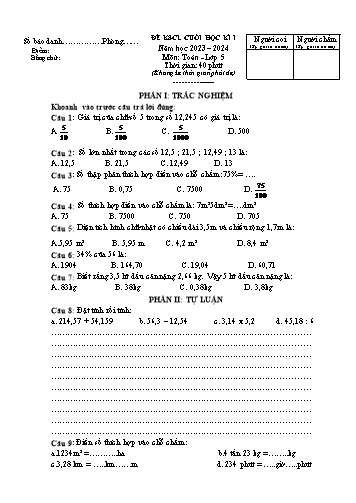 Đề khảo sát chất lượng cuối học kỳ I Toán Lớp 5 - Năm học 2023-2024 (Có đáp án)