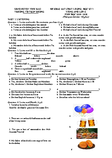 Đề khảo sát chất lượng học kì I môn Tiếng Anh Lớp 5 - Năm học 2024-2025 - Trường Tiểu học Trấn Dương (Có đáp án)