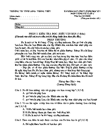 Đề khảo sát chất lượng học kì I môn Tiếng Việt 3 - Năm học 2024-2025 - Trường Tiểu học Vĩnh Long - Thắng Thủy (Có đáp án)