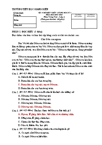 Đề khảo sát chất lượng học kì I môn Tiếng Việt 3 - Năm học 2024-2025 (Có đáp án)
