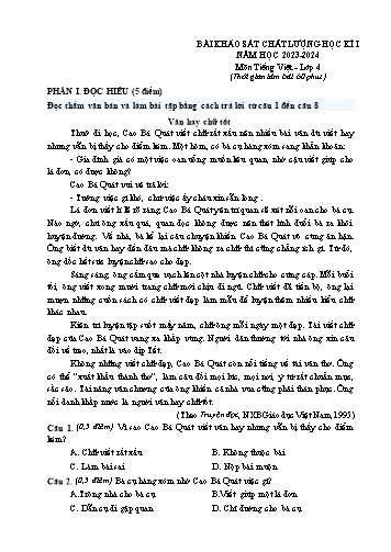 Đề khảo sát chất lượng học kì I môn Tiếng Việt 4 - Năm học 2023-2024 (Có đáp án)