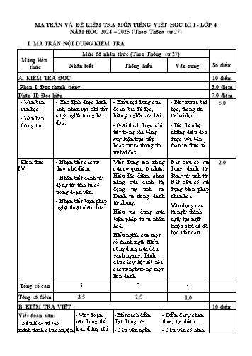 Đề khảo sát chất lượng học kì I môn Tiếng Việt Lớp 4 - Năm học 2024-2025 (Có đáp án + Ma trận)
