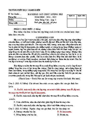 Đề khảo sát chất lượng học kì I môn Tiếng Việt Lớp 5 - Năm học 2024-2025 - Trường Tiểu học Giang Biên (Có đáp án)