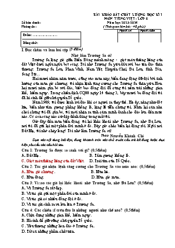 Đề khảo sát chất lượng học kì I môn Tiếng Việt Lớp 5 - Năm học 2023-2024 (Có đáp án)