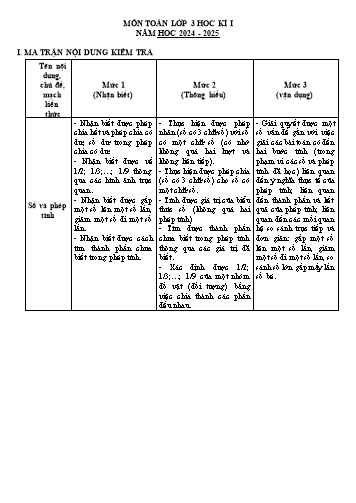 Đề khảo sát chất lượng học kì I môn Toán 3 - Năm học 2024-2025 (Có đáp án + Ma trận)
