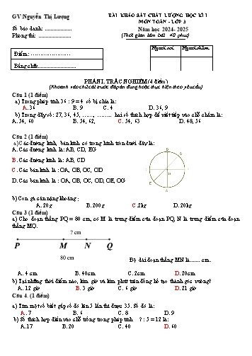 Đề khảo sát chất lượng học kì I môn Toán 3 - Năm học 2024-2025 - Nguyễn Thị Lượng (Có đáp án)
