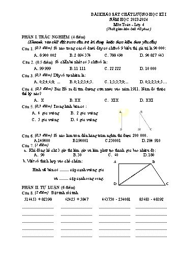 Đề khảo sát chất lượng học kì I môn Toán 4 - Năm học 2023-2024 (Có đáp án)