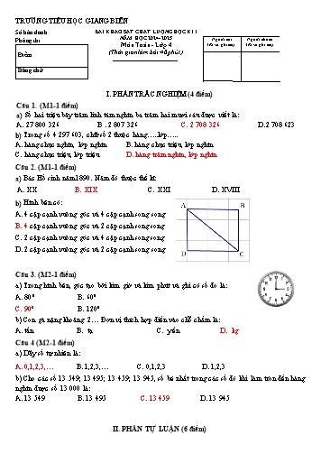 Đề khảo sát chất lượng học kì I môn Toán 4 - Năm học 2024-2025 - Trường Tiểu học Giang Biên (Có đáp án)