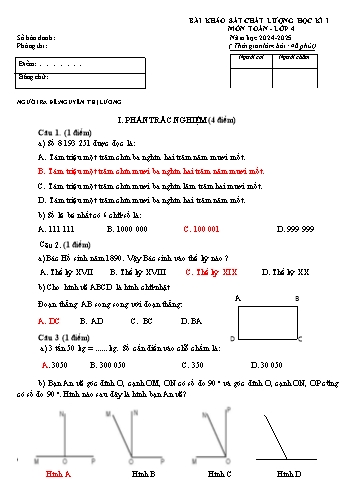 Đề khảo sát chất lượng học kì I môn Toán 4 - Năm học 2024-2025 (Có đáp án)