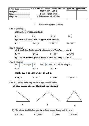 Đề khảo sát chất lượng học kì I môn Toán 5 - Năm học 2024-2025 (Có đáp án)