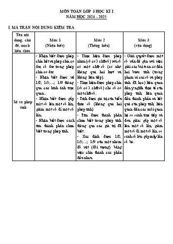 Đề khảo sát chất lượng học kì I môn Toán Lớp 3 năm học 2024-2025 (Có đáp án + Ma trận)