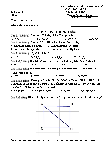 Đề khảo sát chất lượng học kì I môn Toán Lớp 4 - Năm học 2023-2024 (Có đáp án)