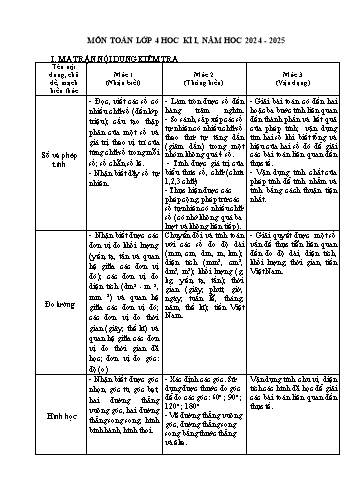 Đề khảo sát chất lượng học kì I môn Toán Lớp 4 - Năm học 2024-2025 (Có đáp án + Ma trận)