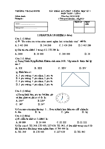 Đề khảo sát chất lượng học kì I môn Toán Lớp 4 - Năm học 2024-2025 - Trường Tiểu học cao Minh (Có đáp án)