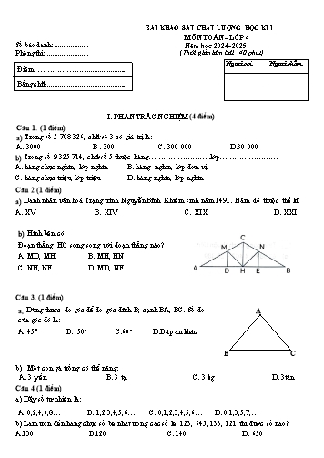 Đề khảo sát chất lượng học kì I môn Toán Lớp 4 - Năm học 2024-2025 (Có đáp án)