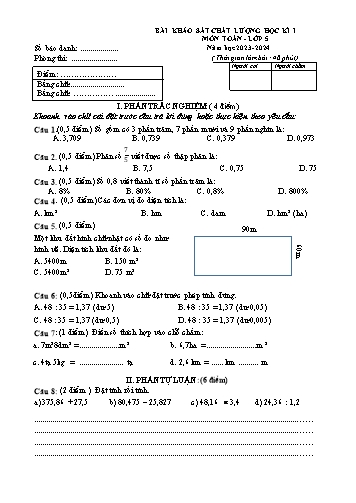 Đề khảo sát chất lượng học kì I môn Toán Lớp 5 - Năm học 2023-2024 (Có đáp án)
