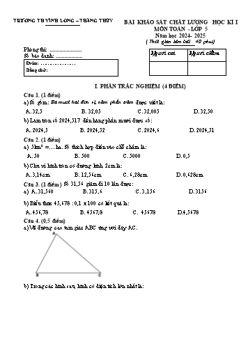 Đề khảo sát chất lượng học kì I môn Toán Lớp 5 - Năm học 2024-2025 - Trường Tiểu học Vĩnh Long - Thắng Thủy (Có đáp án)