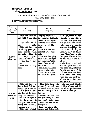Đề khảo sát chất lượng học kì I môn Toán Lớp 5 - Năm học 2024-2025 - Trường Tiểu học Liên Am - Lý Học (Có đáp án + Ma trận)