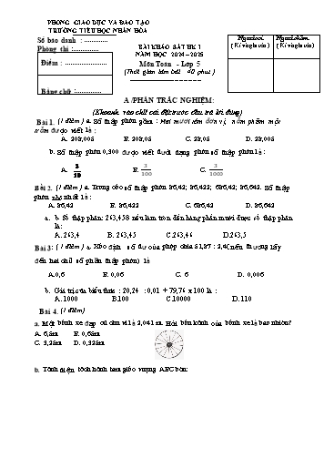 Đề khảo sát chất lượng học kì I môn Toán Lớp 5 - Năm học 2024-2025 - Trường Tiểu học Nhân Hòa (Có đáp án)